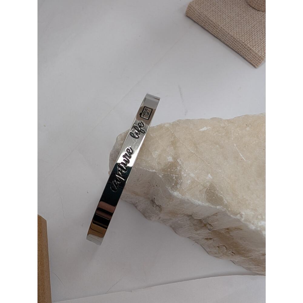 Joycuff "Capture Life" Camera Engraved Silver Tone Open Cuff Bracelet